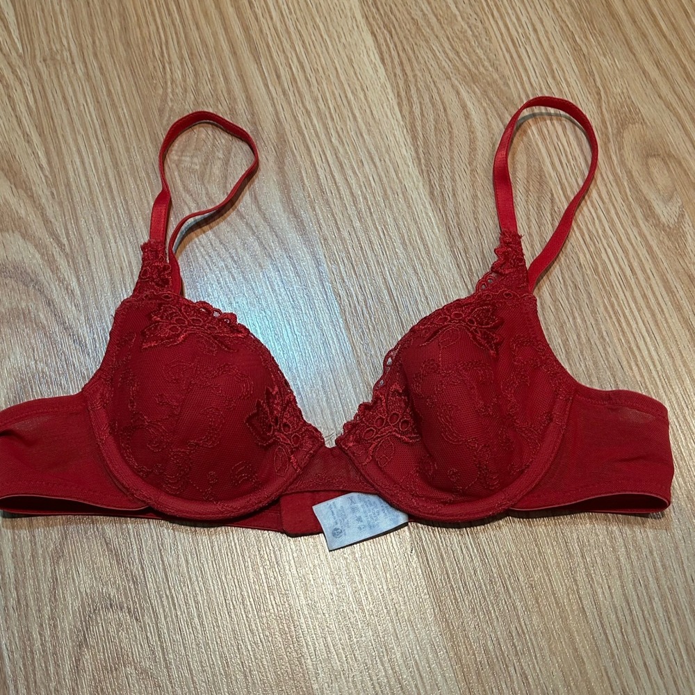 Red Floral Lace Underwire Bra with Mesh Wings and Adjustable Straps